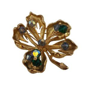 Vintage Signed Coro Matte Gold Stylized Leave Brooch with Crystals (A4789)